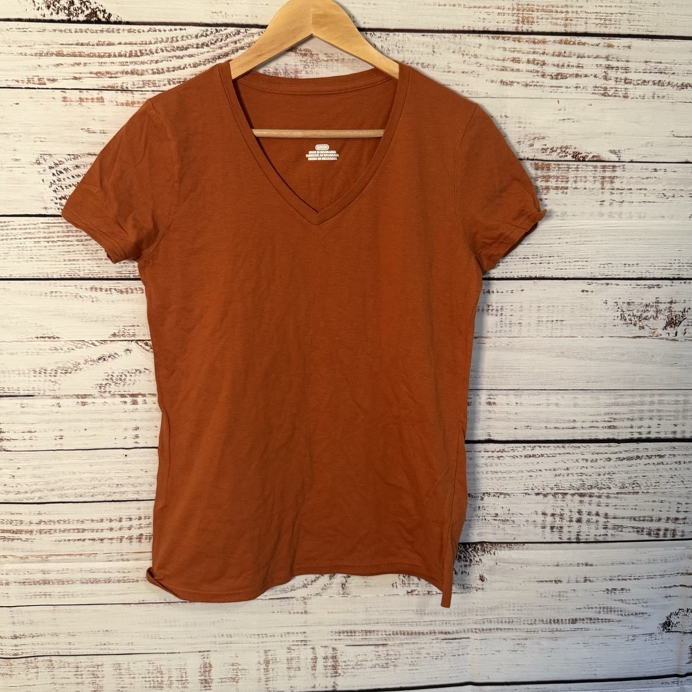 Women's Rust Orange V Neck T Shirt Small 100% Cotton Short Sleeve Basic Tee